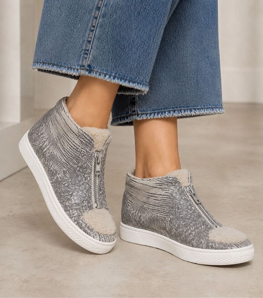 Loeffler Randall Devin Silver Lizard Embossed Shearling Wedge Sneakers Sz 8.5, $